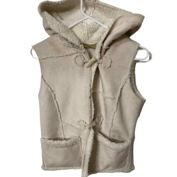 Pure simple natural Vest Womens Small Tan With Hood 100% polyester fuzzy lining - Picture 2 of 8